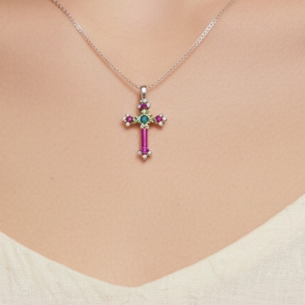 Source Uknknown Small Multi-ColoredCross Pendant Necklace Silver ✨️NWOT✨️